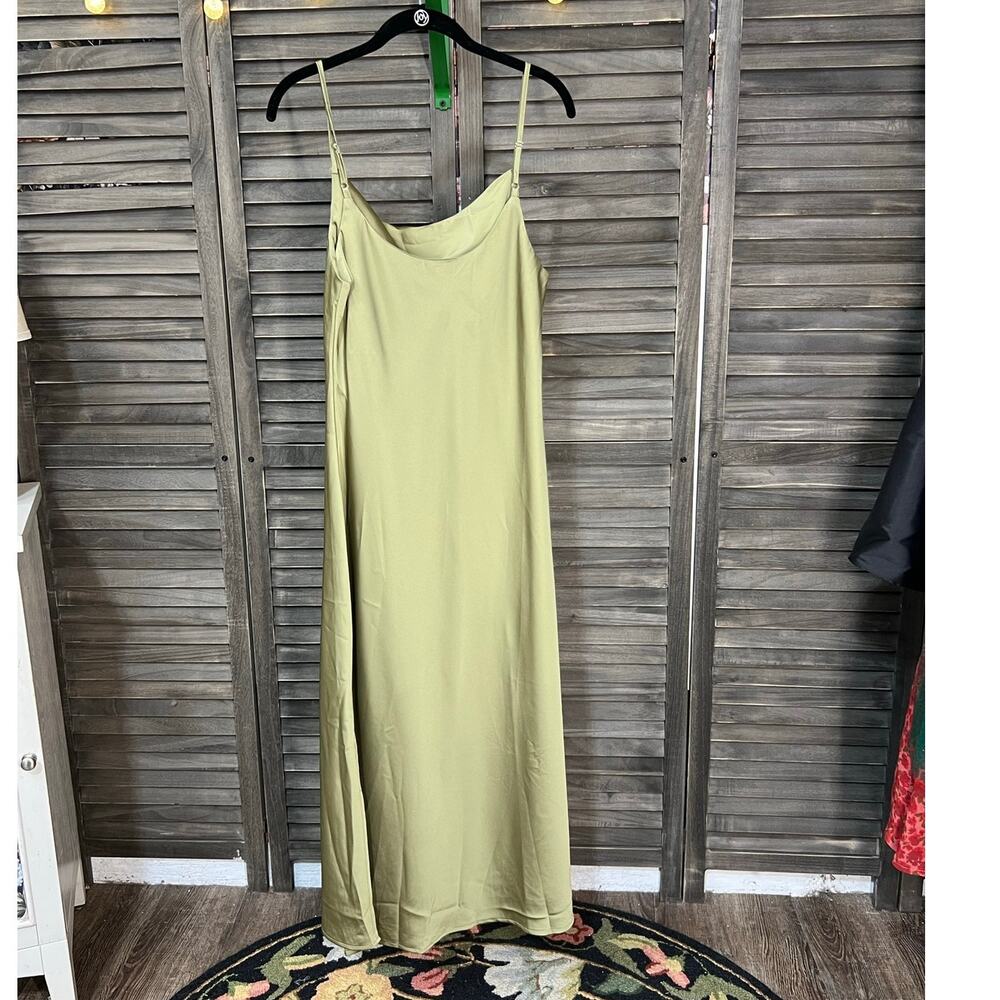 LuLus Olive Green Satin Inspired Slip Midi Dress NWOT Large - Picture 3 of 6